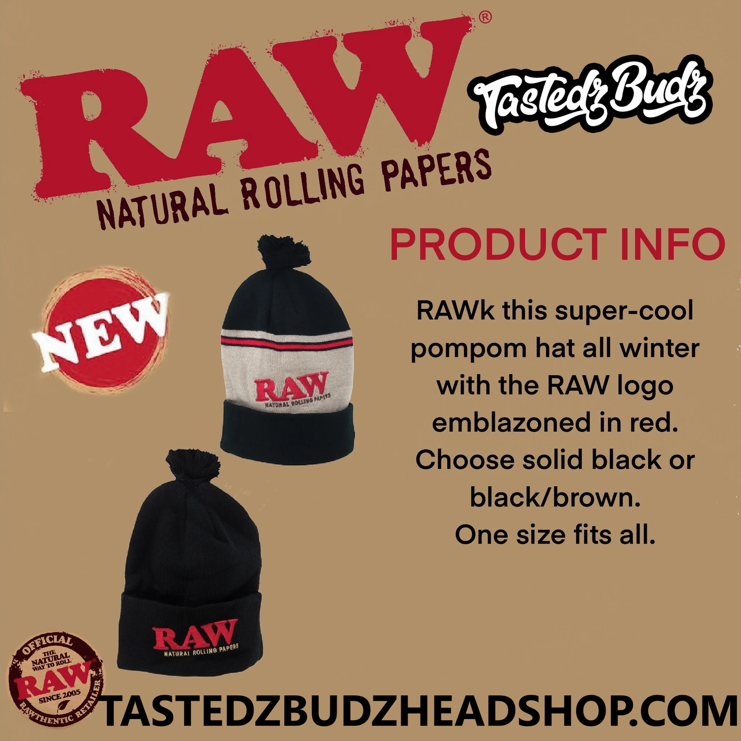 RAW Rolling Papers Pom Pom Beanie Hat - Black & Beige